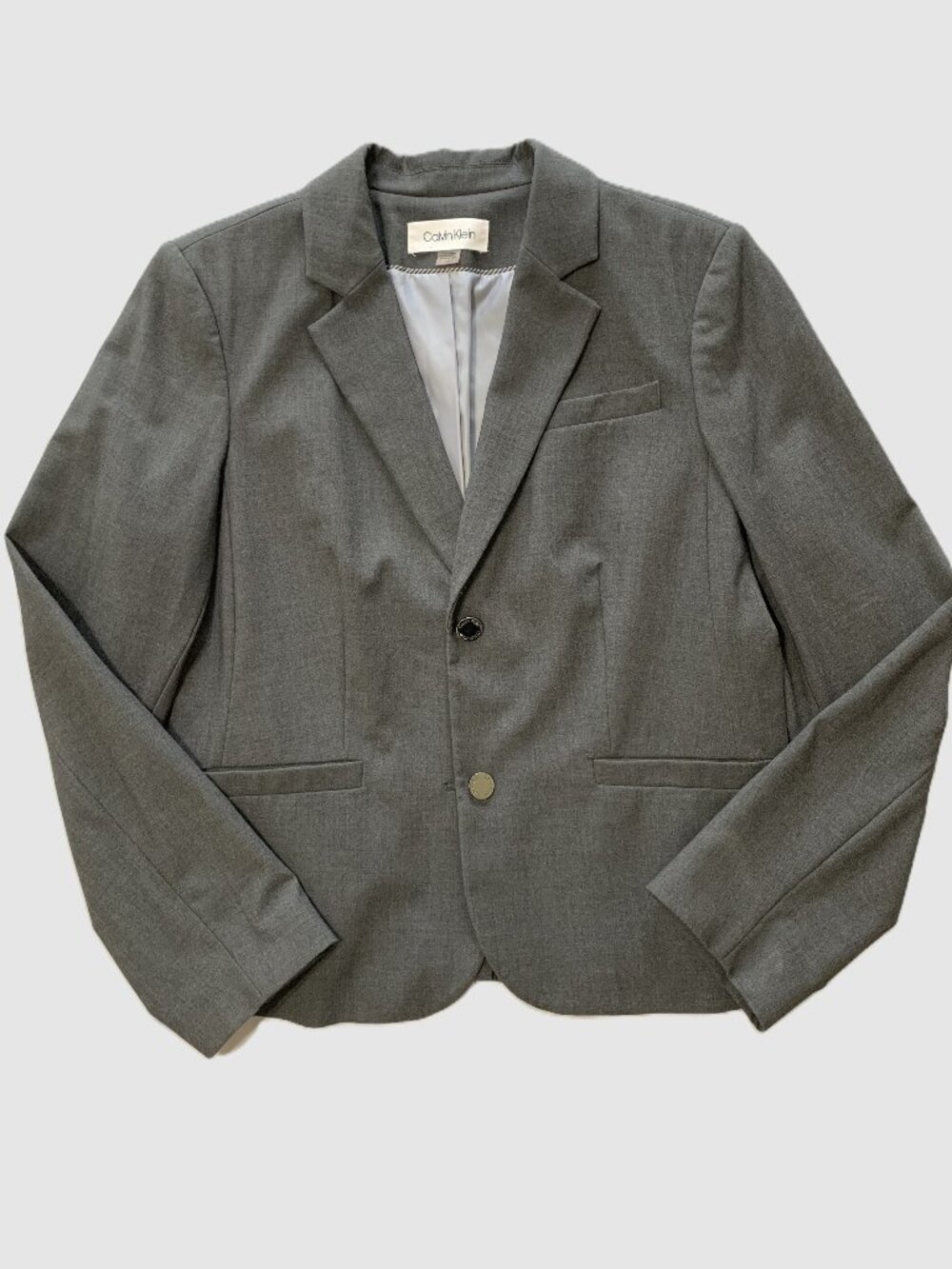 Calvin Klein Women Blazer Gray Tailored Two Button Shoulder Pads Size 14